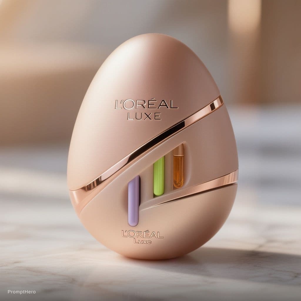 AI generated: A luxury fragrance device in an egg-shaped form, designed for L'Oréal Luxe. The body is made of soft...