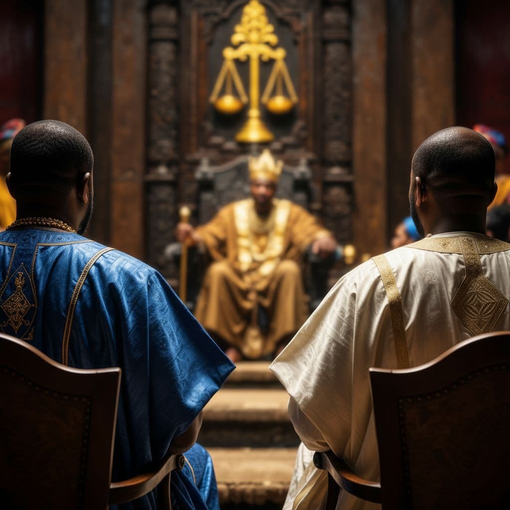 AI generated: Create an ultra-cinematic over-the-shoulder shot from behind two regal West African men dressed in l...