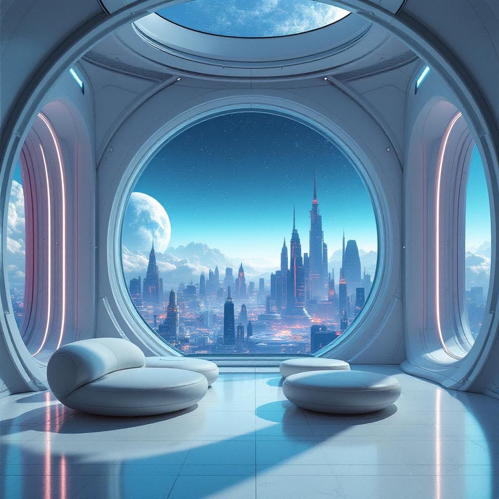 AI generated: Create a futuristic interior of a luxurious Galactic Condo, to host the company of good friends from...