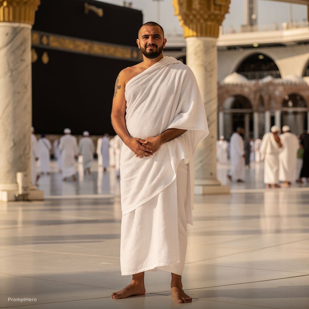 AI generated: DANOUJ RADOUANE IN MEKKA NEAR AL HARAM  WITH IHRAM CLOTHES

