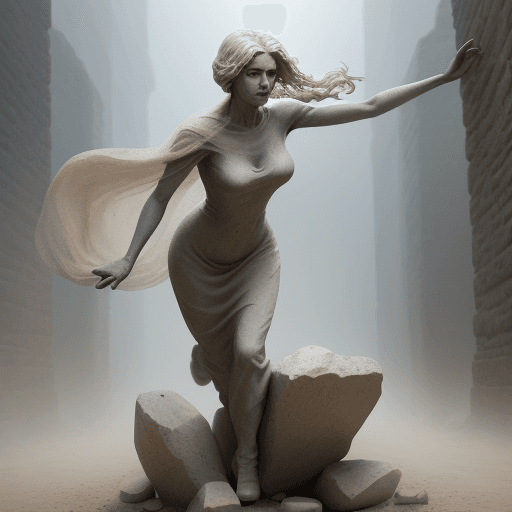 AI generated: she is a gorgeous woman-like being created out stone ((she is coming out from the ground), dust danc...