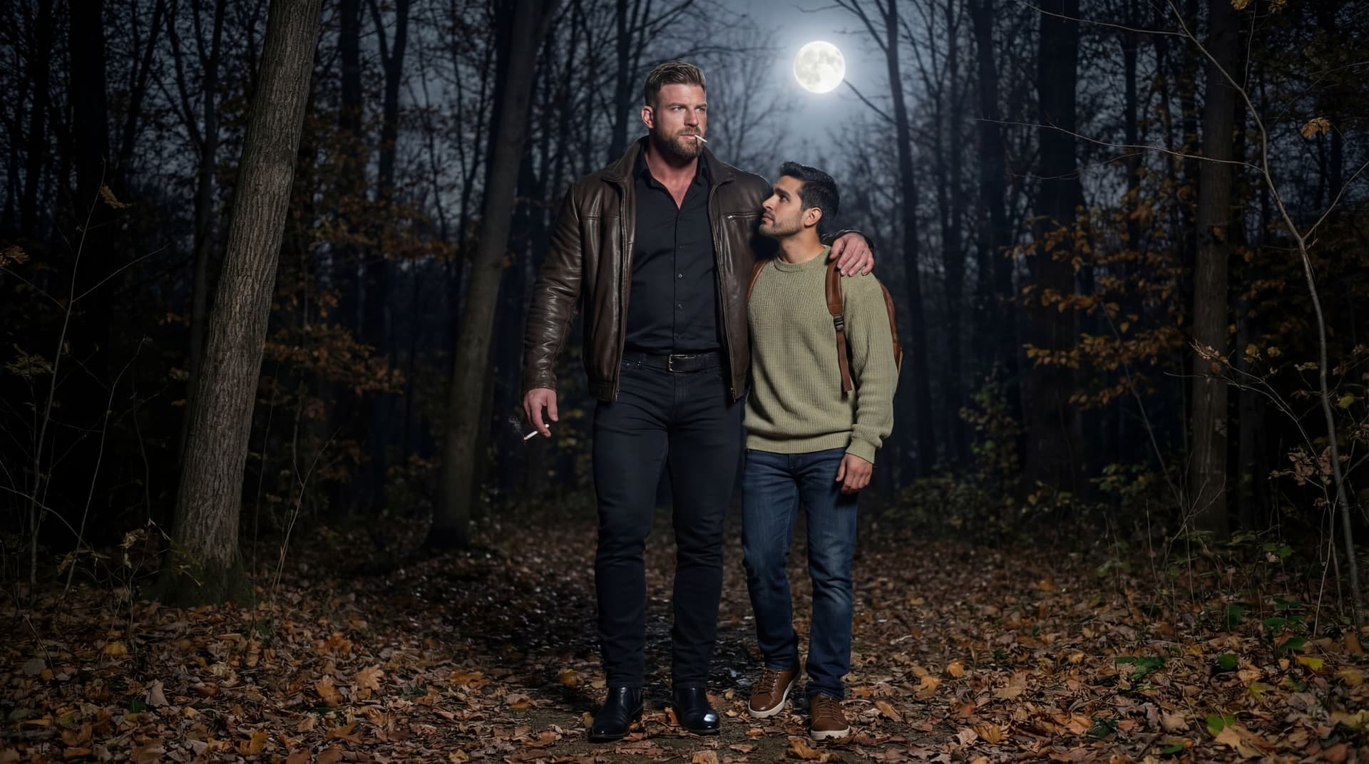 AI generated: On a Autumn night outside under a wooden area full of trees.

The bodybuilder is 6 feet and 7 inches...