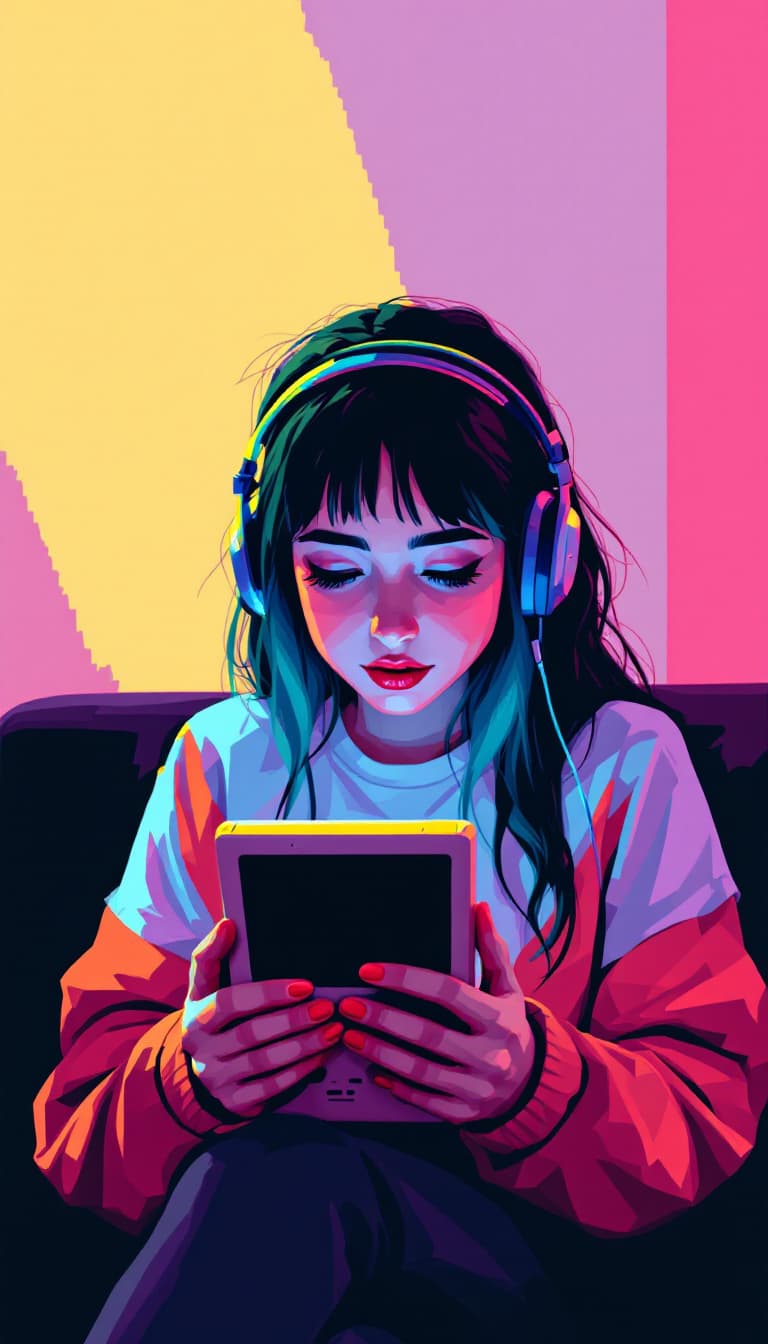 AI generated: Digital Pixel Art, Low Resolution, Retro Colors, Nostalgic, Woman Holding a Gameboy Playing, Engaged...