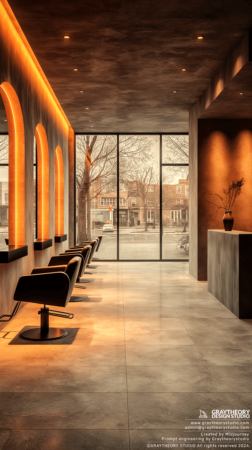 AI generated: Photography a contemporary hair salon, filled natural light on a cloudy morning, warm grey-concrete ...