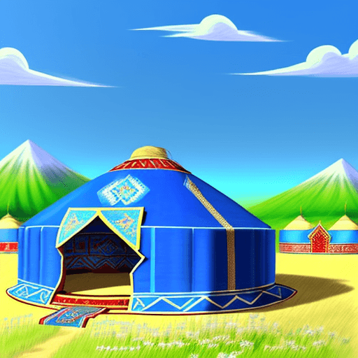 AI generated: Kazakhs celebrate Nauryz with food, games, in national clothes, many people, yurts. Blue sky. Spring...
