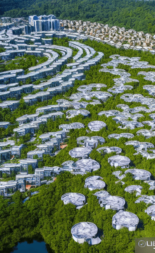 AI generated: a magnificent modern ecotourism village with different residential buildings designed by architect S...