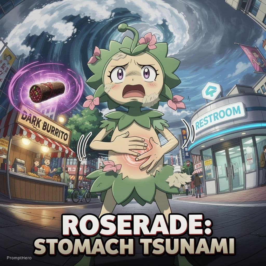AI generated: Pokemon world:roserade has eaten a dark burrito and  now her poop is so serious that it makes her bu...