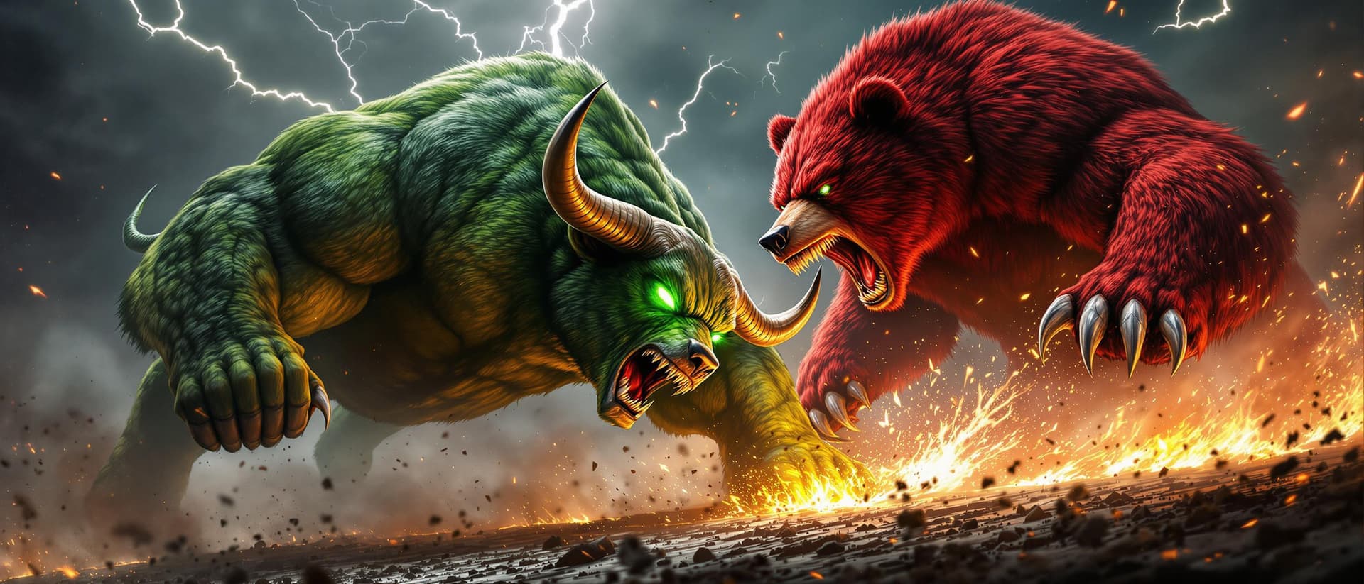 AI generated: A fierce, high-intensity battle between a massive, muscular green bull and a raging red bear. The bu...