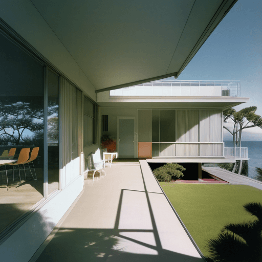 AI generated: Hyper realistic eye level exterior photo of a mid century modern style house overlooking the ocean, ...