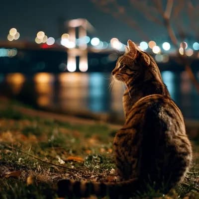 AI generated video: a cat by a river looks around quickly for mice, the breaths normally, the water has gentle ripples, ...