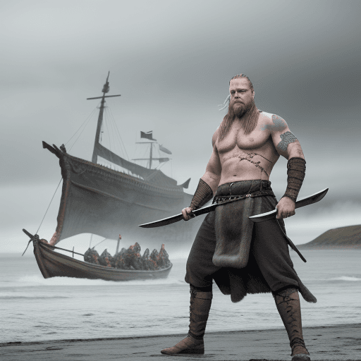 AI generated: Create an epic full body image of the Viking Ragnar Lothbrok,Travis Fimmel , looks angry with a swor...