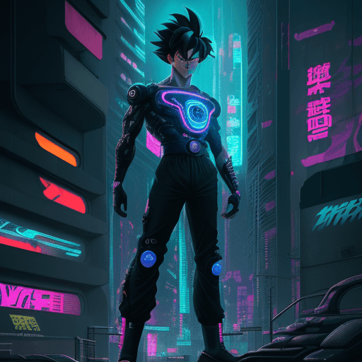 AI generated: Son Goku of the future,  futuristic design, electronic artwork, manga character, techno-noir, animat...