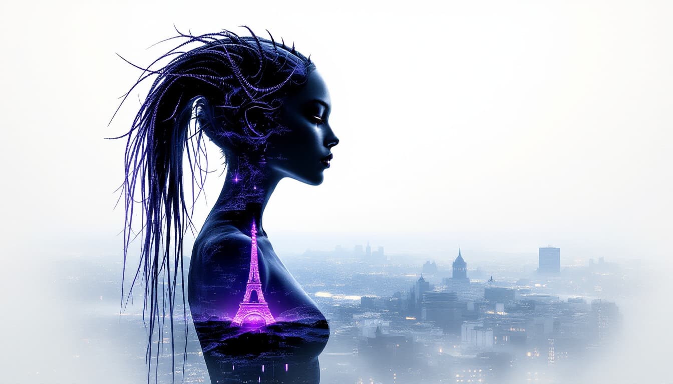 AI generated: Double Exposure illustration: A silhouette of a stunning Alien woman with neon purple spiney hair, s...