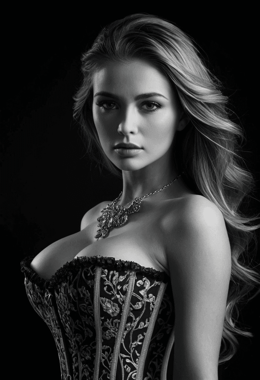 AI generated: breathtaking A grayscale portrait of a woman with elaborate,detailed attire and a serious expression...