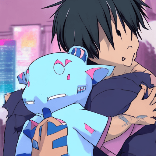 AI generated: Gammamon hugging hiro amanokawa