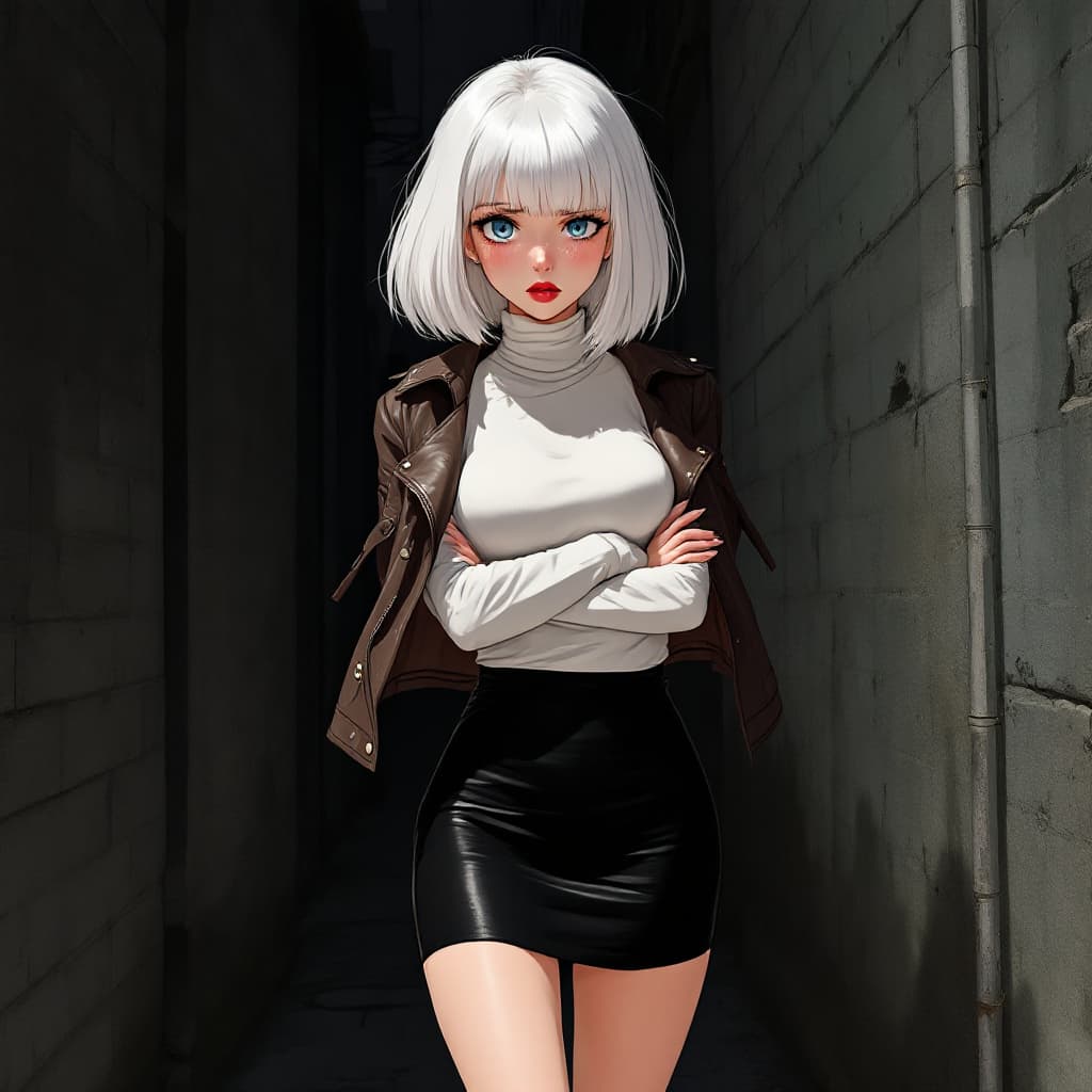 AI generated: anime, woman, white hair, bob cut, straight bangs, blue eyes, freckles, red lips, white sweater, tig...