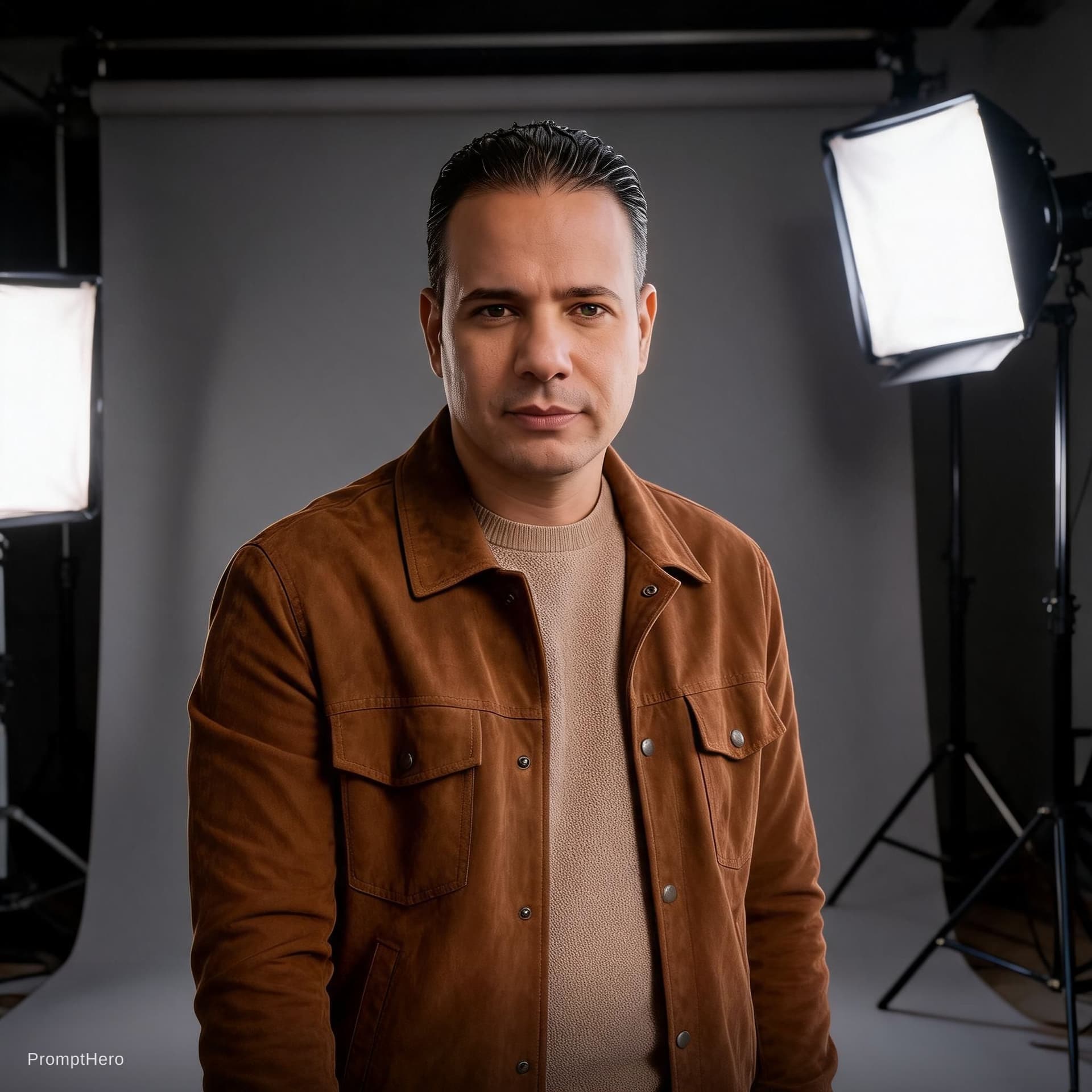 AI generated: Super-Realistic potrait of  the man in the photo, standing at photoshoot location, worn a detailed t...