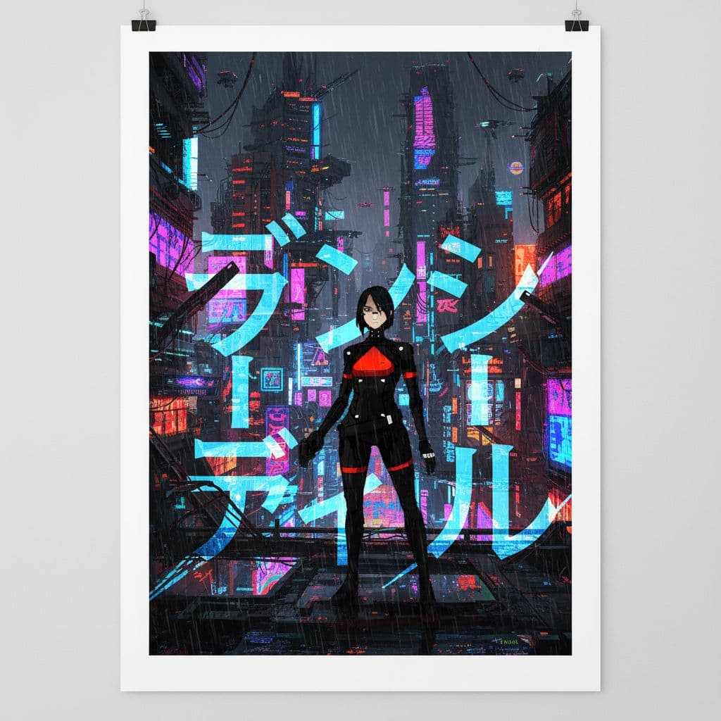 AI generated: Large white border all round. Overlay Japanese type. A poster with of girl in tokyo, cyberpunk art b...