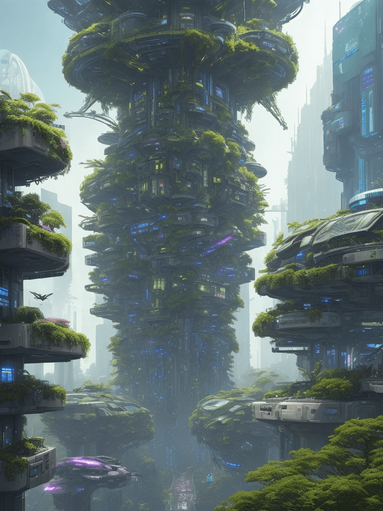 AI generated: a view of a city with a lot of trees and bushes, garden, a lot of flying objects , future city, in f...