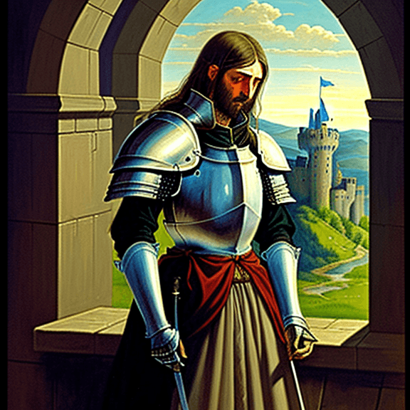 AI generated: Painting of a knight looking down in despair. Background has a empty castle.