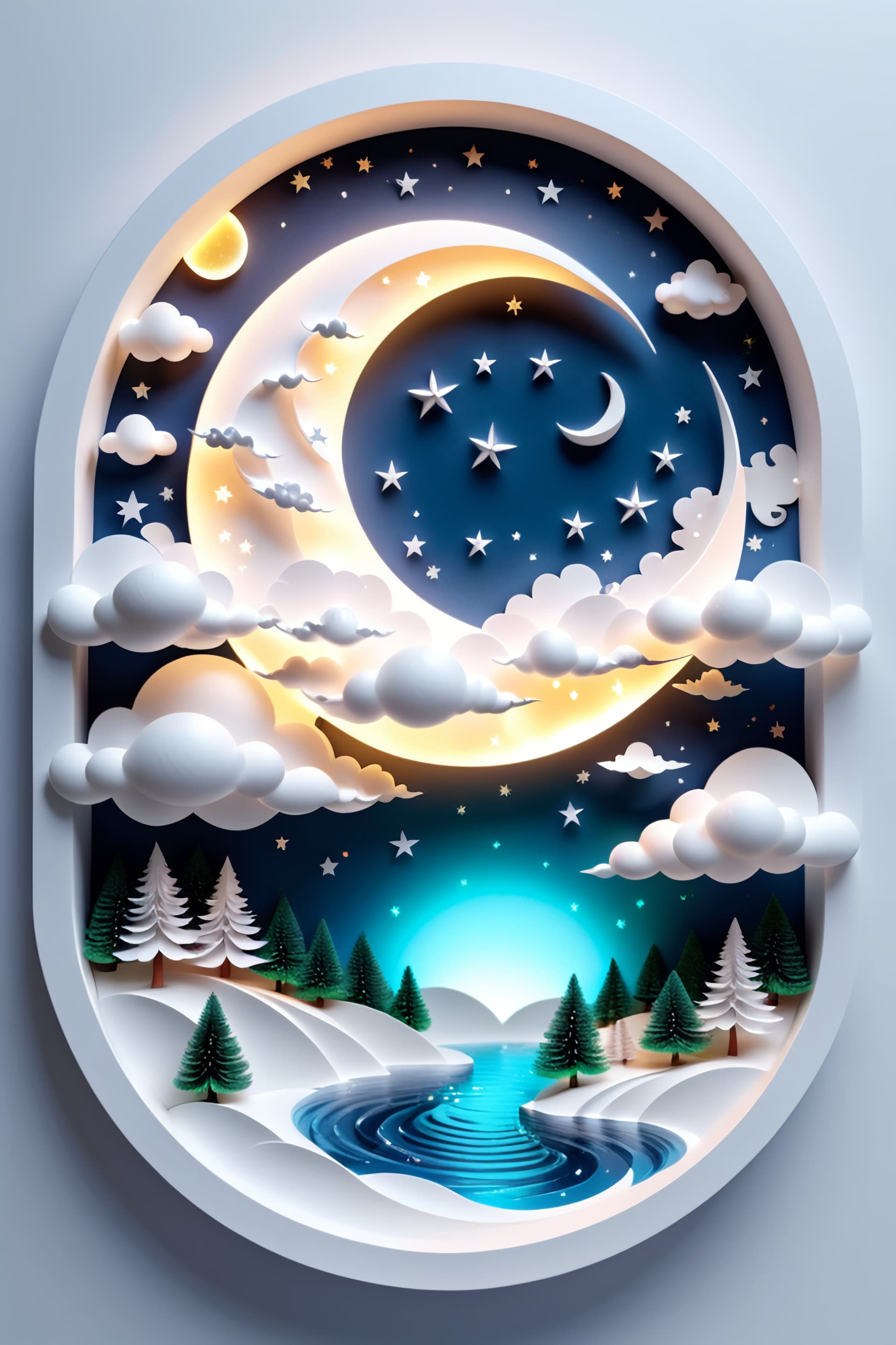 AI generated: Extra detailed, (((ar deco))), bright led lights,  3d white paper art, white background, nature, mag...