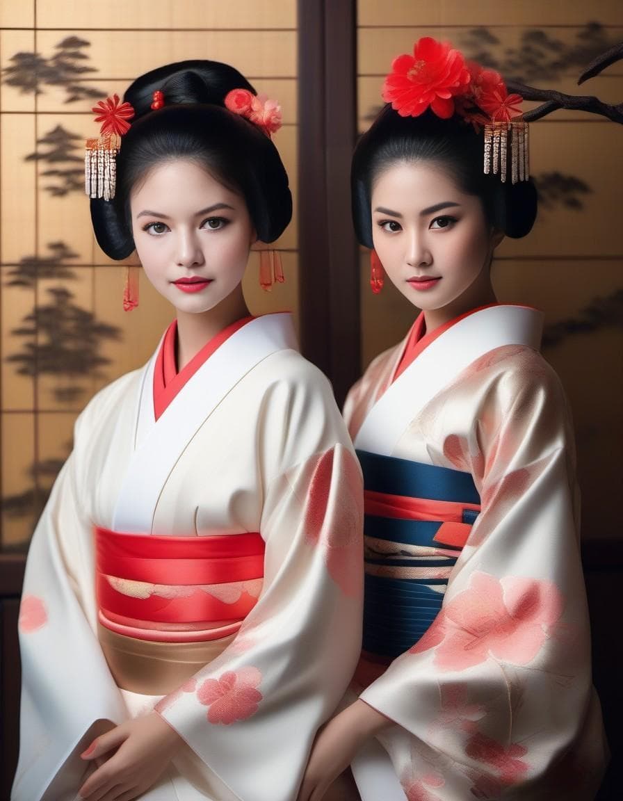 AI generated: The image shows two very little young Japanese girls,, dressed as little geishas, geisha make up,​​i...