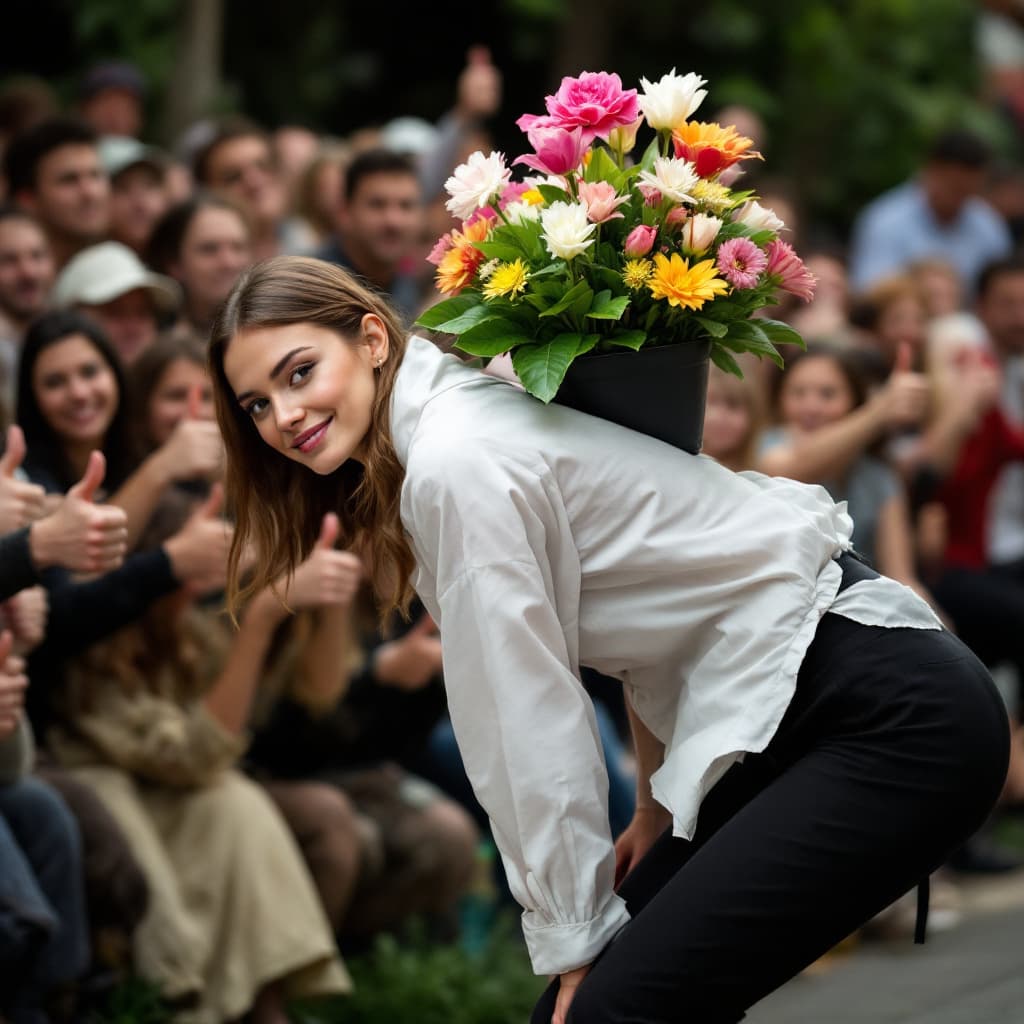 AI generated: A photo model bending over with a large pot flower placed on her back. In the background is a crowd ...