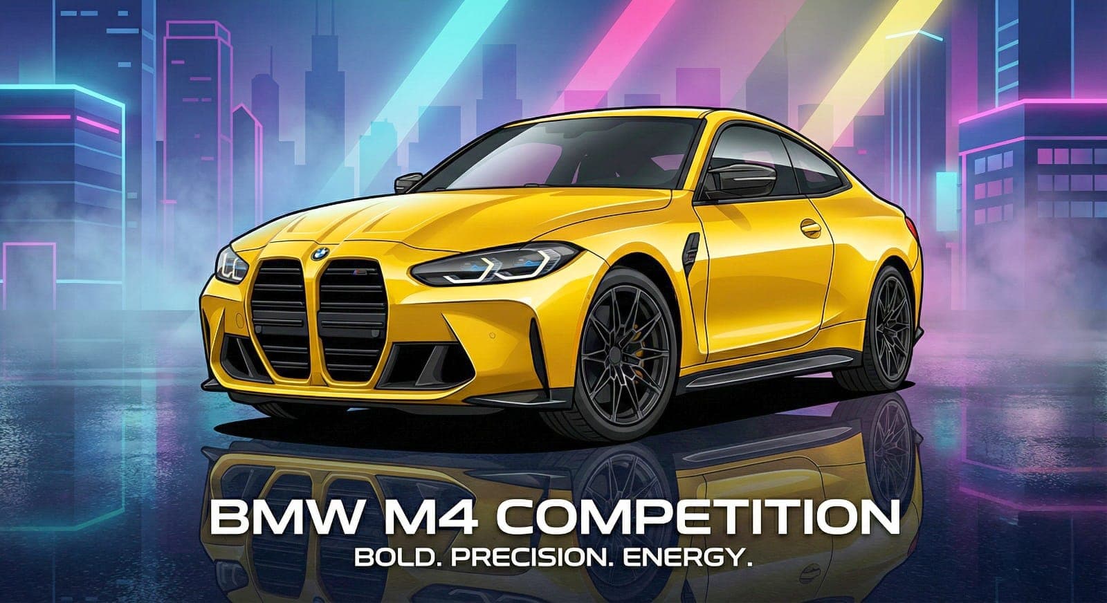 AI generated: Create a vector-style illustration of a 2022 BMW M4 Competition in metallic yellow, viewed from a st...