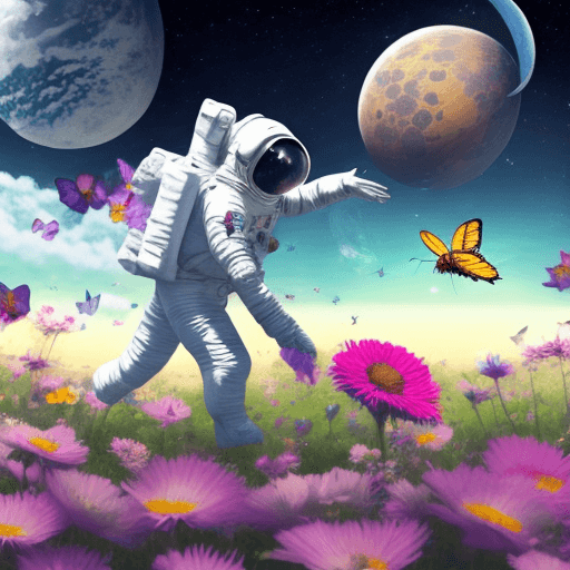 AI generated: nime style an astronaut surrounded by flowers trying to touch a butterfly with his finger, in the ba...