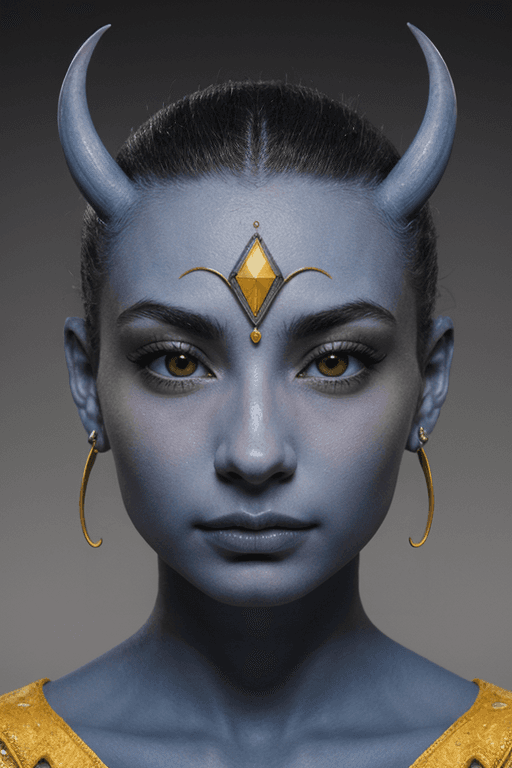 AI generated: alien ((woman)), Hailey Bieber, fantasy, blue skin, yellow eyes, by theo el, detailed facial feature...