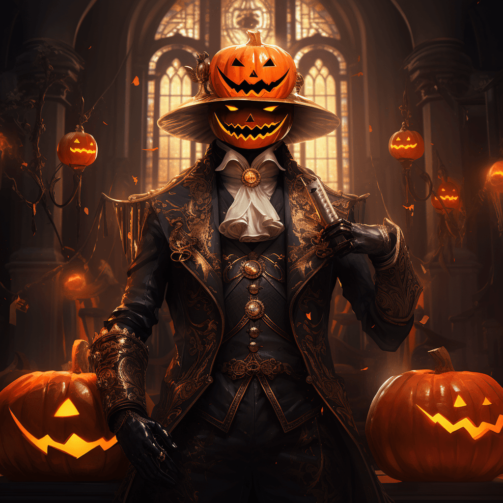 AI generated: Jack the lantern in a dashing royal suit, Regal descriptions of pumpkin elegance, Majestic pumpkin b...