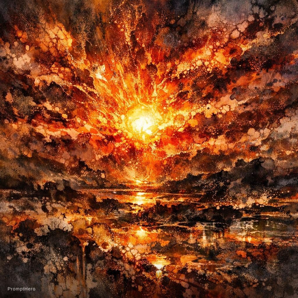 AI generated: A highly experimental acrylic ink painting of a sunset as a natural light source, where the image ap...