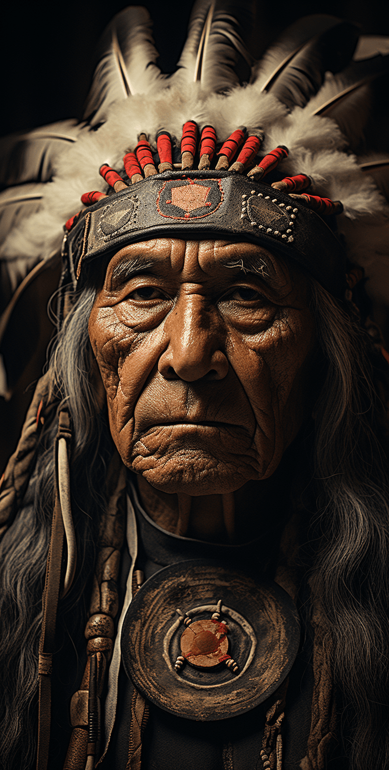 AI generated: a vintage black and white photo of a Native American chief wearing traditional clothing and and feat...