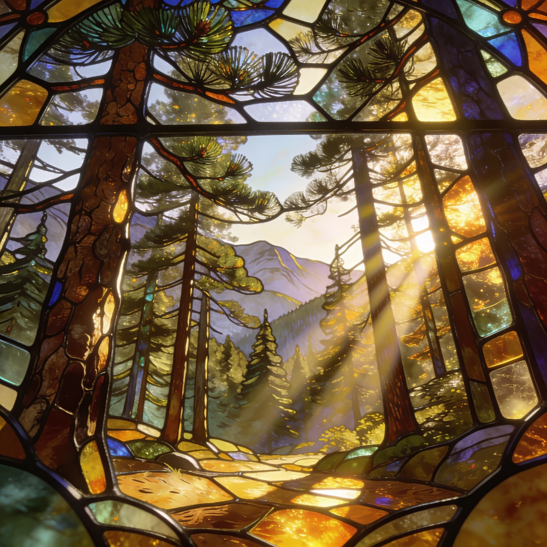 AI generated: an intricate stained glass art piece of a beautiful pine forest ,Rays of sunlight shine through the ...