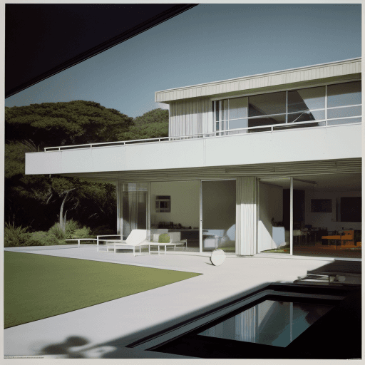 AI generated: Hyper realistic eye level exterior photo of a mid century modern style house overlooking the ocean, ...