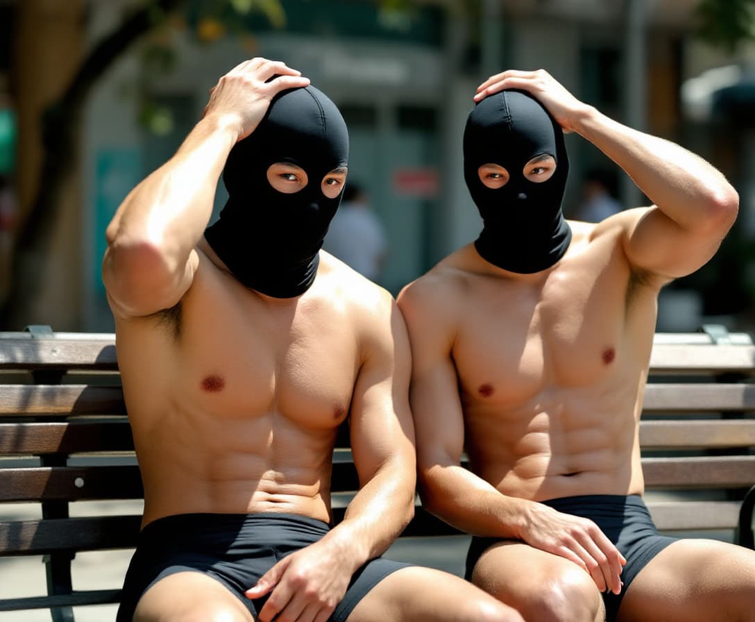 AI generated: Two male Asian born Taiwanese strong swimmers wearing compression jammers in day time in Hong Kong. ...