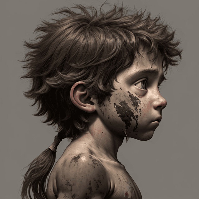 AI generated:  the face of a young prehistoric boy, long disordered and dirty hair, side view, 8k