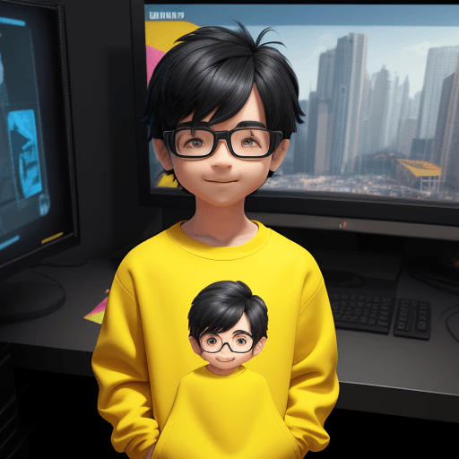 AI generated: small boy, 3D, 8k, black hair, looking ahead, front scene, yellow sweatshirt, 3D character, whole bo...