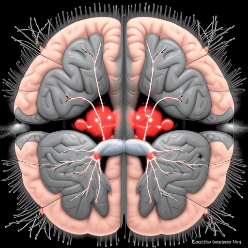 AI generated: scientific image of the brain showing electrodes firing or stimulating