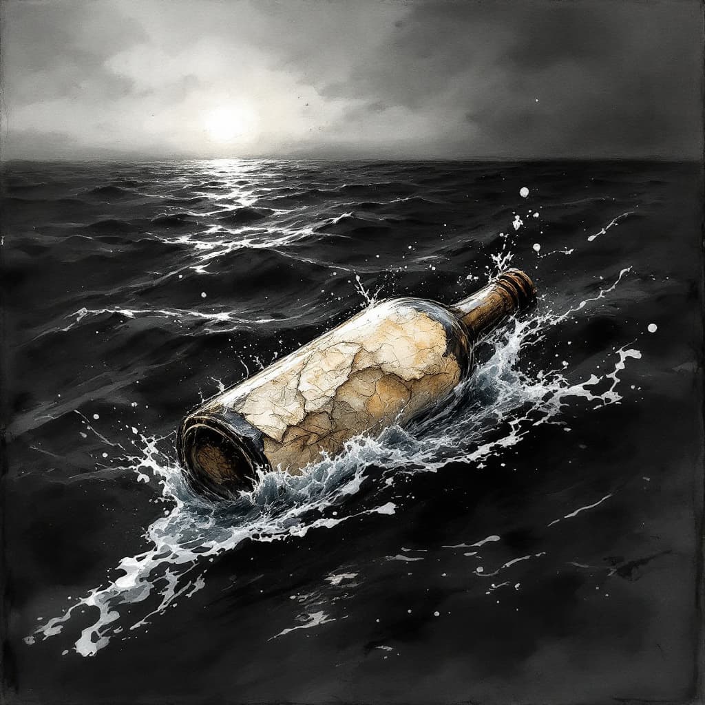 AI generated: an artistic Wet ink, charcoal sketch of a crumbled paper inside a tilted bottle, floating on sea. Wa...