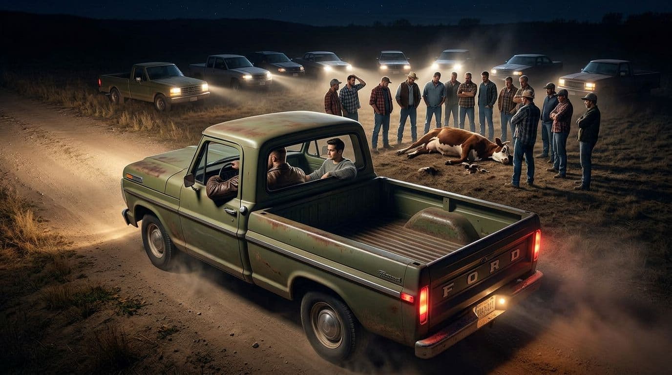 AI generated: In an Autumn night. the male muscular model is driving a vintage olive green Ford pick up truck. The...