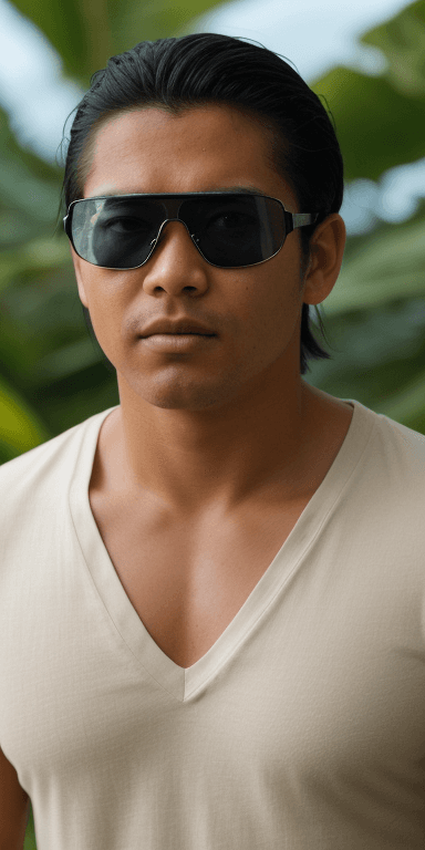 AI generated: hawaiian native, man, young, Face Closeup, mature, looking at viewer, wearing v neck t shirt, and av...