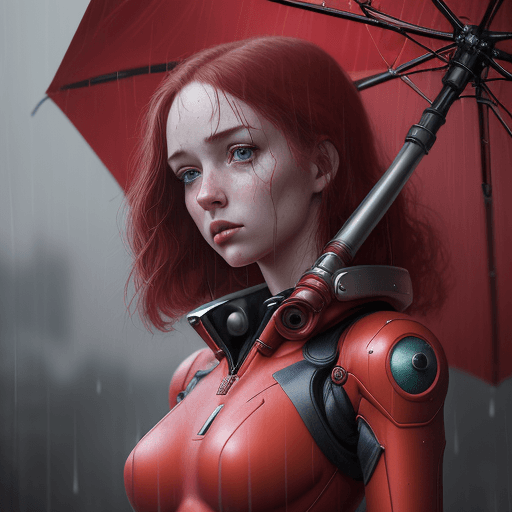 AI generated: young girl with a red robot suit standing in the rain, in the style of detailed hyperrealism, skotti...