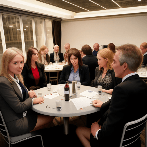 AI generated: Business networking meeting, in UK, evening time, 40 or more people, mixed ages and mixed gender