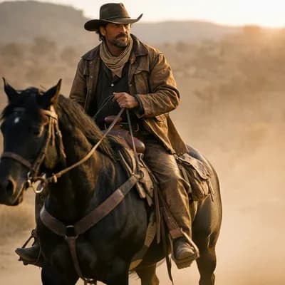 AI generated video: Based on the existing image, ultra-realistic cinematic western moment of the SAME rugged wild west c...