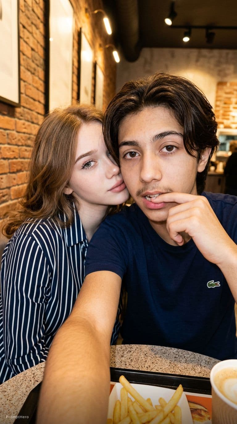 AI generated: Ultra-realistic candid selfie of a young couple sitting indoors at a cozy café, warm ambient tungste...