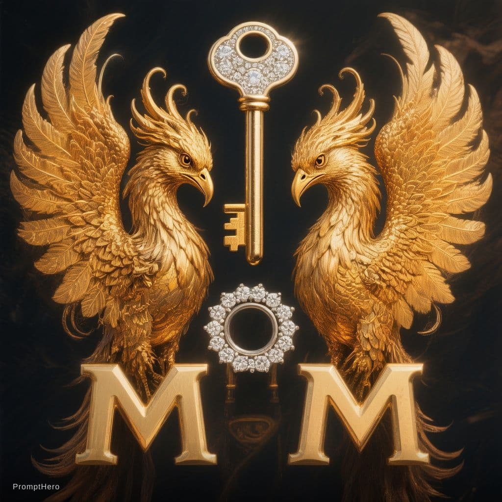 AI generated: 2 letters "M" and mirror image "M",left "M" and right "M" symmetrical and opposite,golden phoenix he...