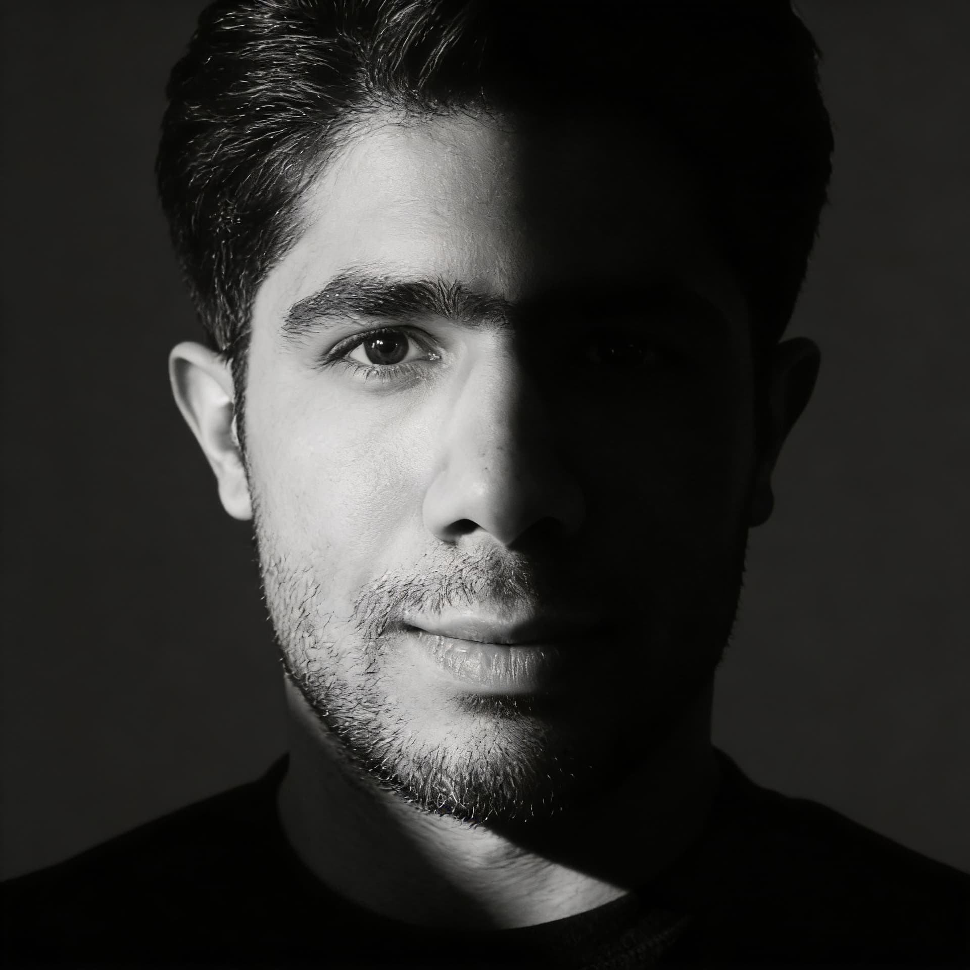 AI generated: A dramatic black and white portrait of a man with short hair and facial hair, gazing directly at the...