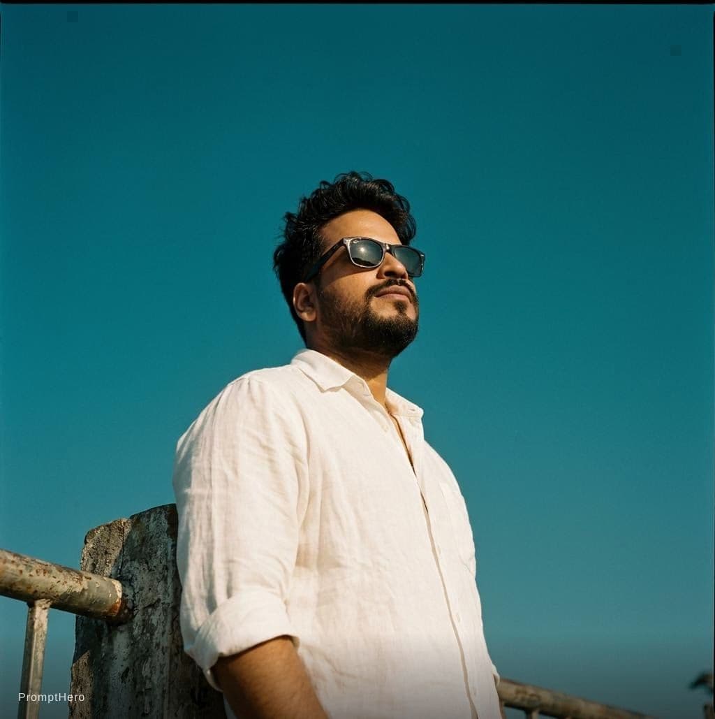 AI generated: A cinematic low-angle portrait shot on a 50mm lens, looking upward at a male subject using the uploa...
