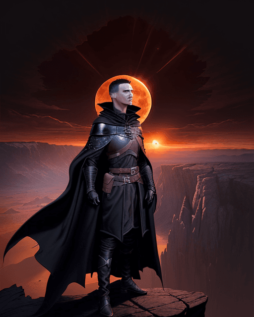 AI generated: A man in a dark cloak stands on the edge of a cliff. He is looking at a vast desert landscape with t...